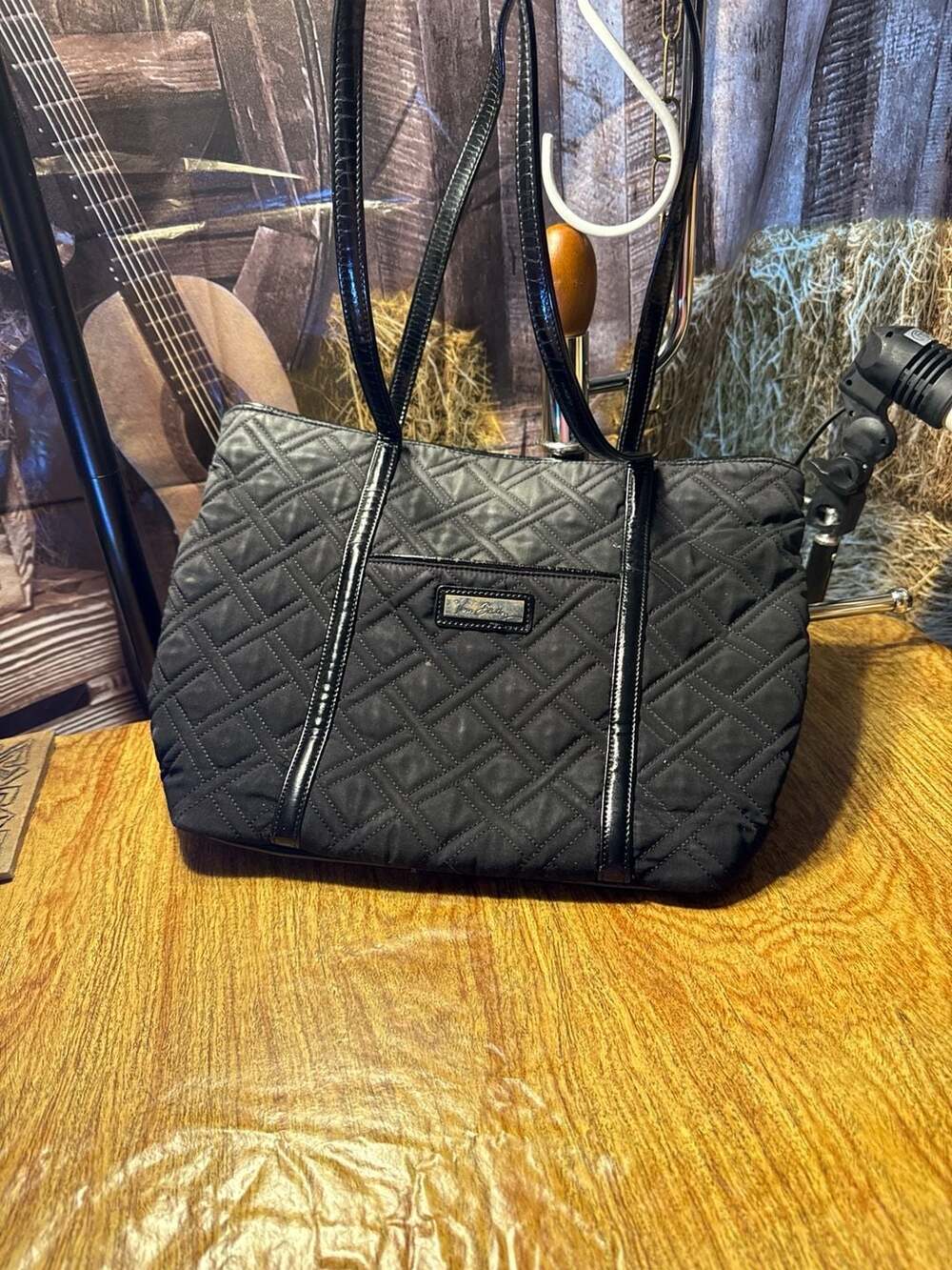 Vera Bradley Black Microfiber Quilted Vera Tote Bag with Patent Trim